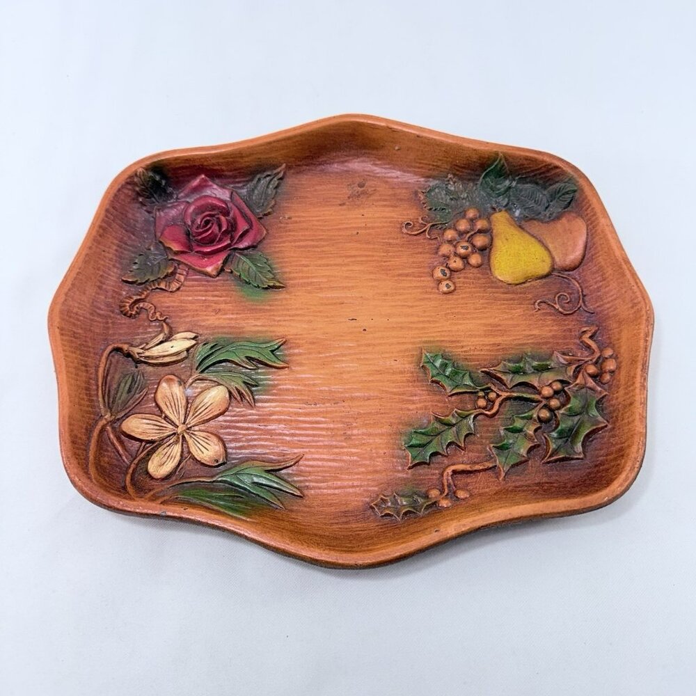 Vintage Multi Products Four Seasons Tray Serving Plate Fruit Flowers Faux Wood